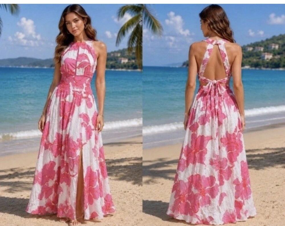 Abel the Label Anthropologie Paloma Maxi Dress White Pink Sexy Back sz Md